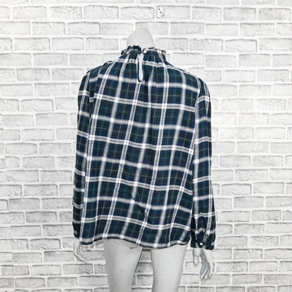 Trovata Birds of Paradis Mock Neck Blouse Green Plaid Cotton size Large - Picture 4 of 9